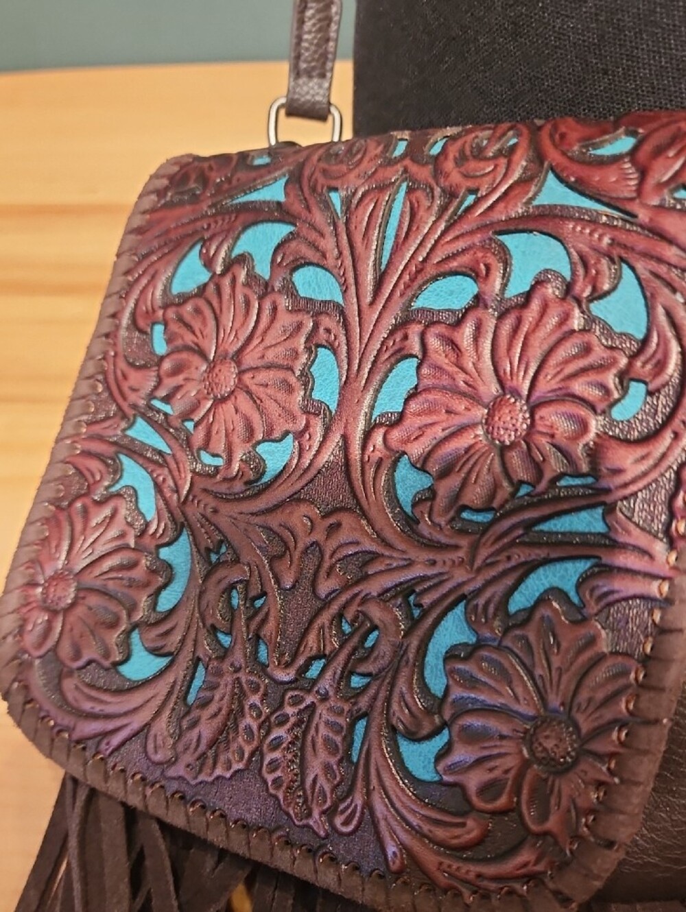 Montana West Brown Tooled Leather Crossbody with Turquoise Inlay & Fringe - Picture 3 of 5